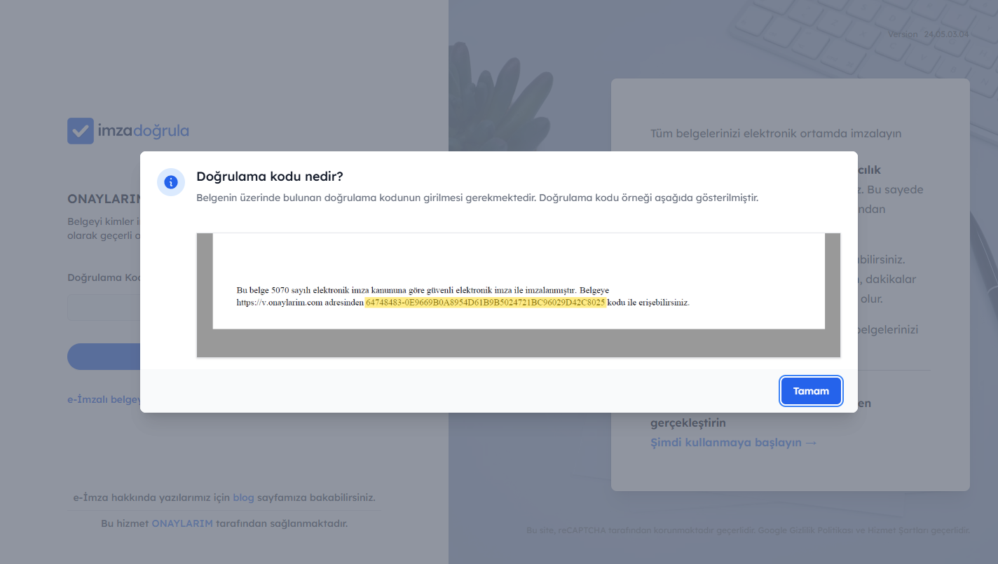 Doğrulama kodunun PDF üzerindeki yeri — sarı vurgulu alan