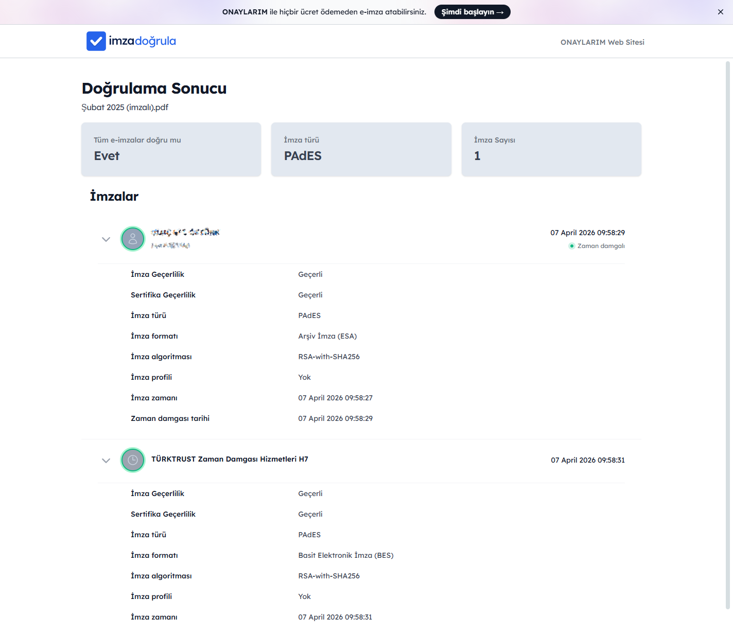 imzadogrula.com doğrulama sonucu ekranı — imzacı detayları, zaman damgası