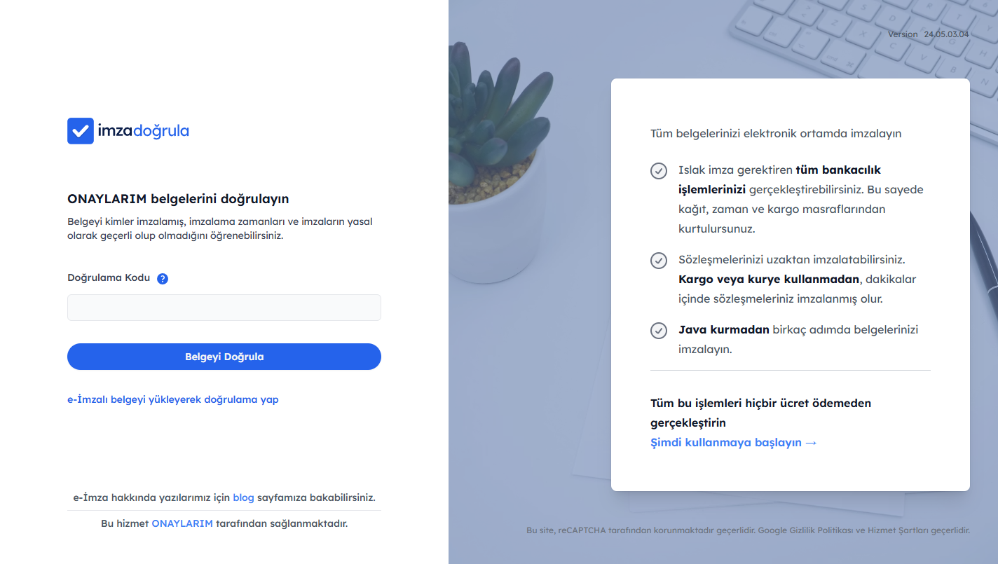 Doğrulama kodu giriş ekranı — ONAYLARIM'da imzalanmış belgeyi doğrula