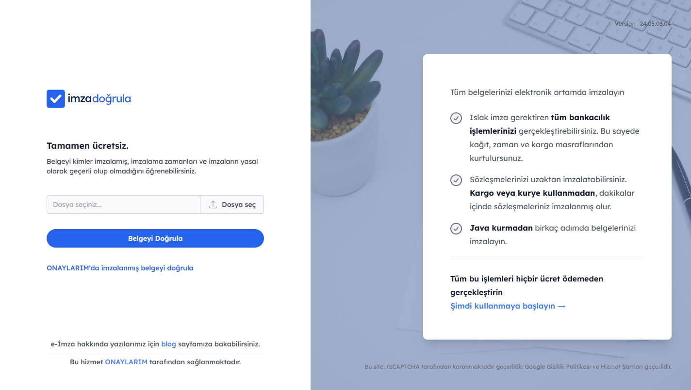 imzadogrula.com ana sayfasında belgeyi yükleyerek doğrulama formu